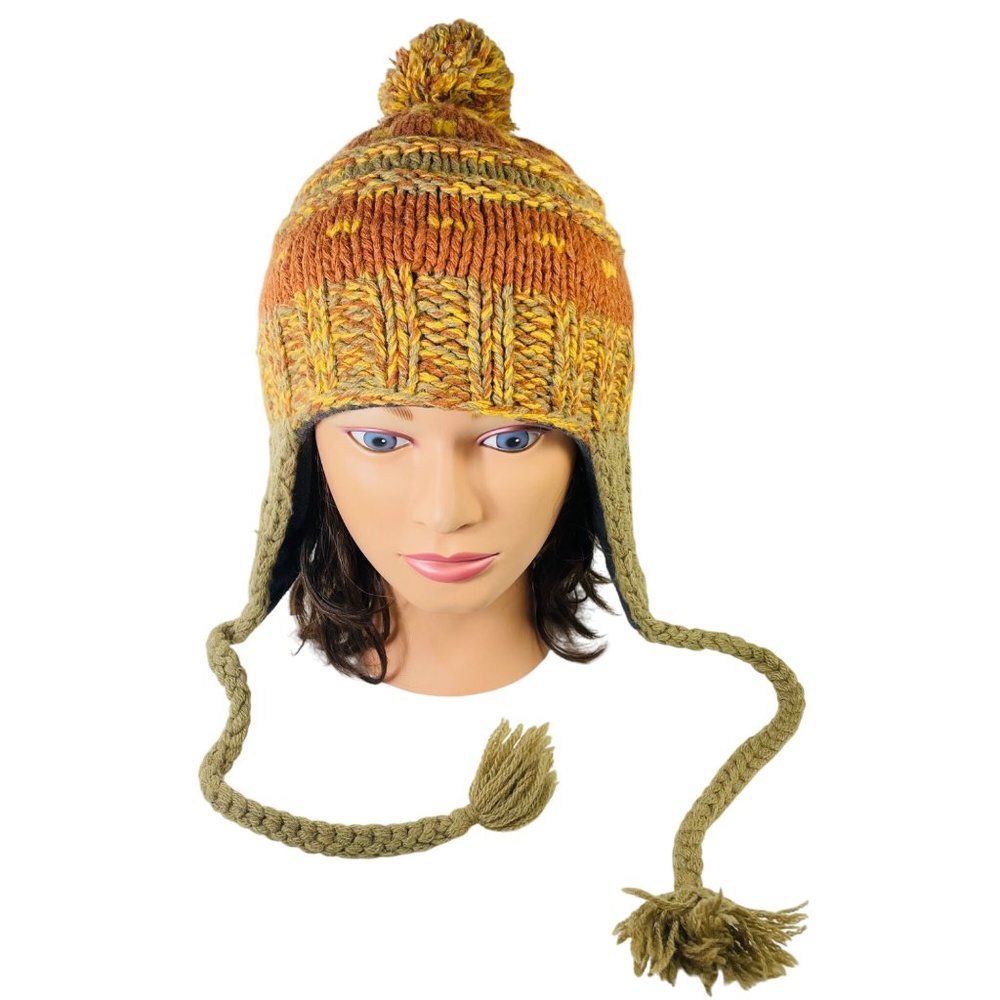 Seirus Lambswool Knit Hat W Pom Braided Tassel Orange Olive Green Adult or Teen